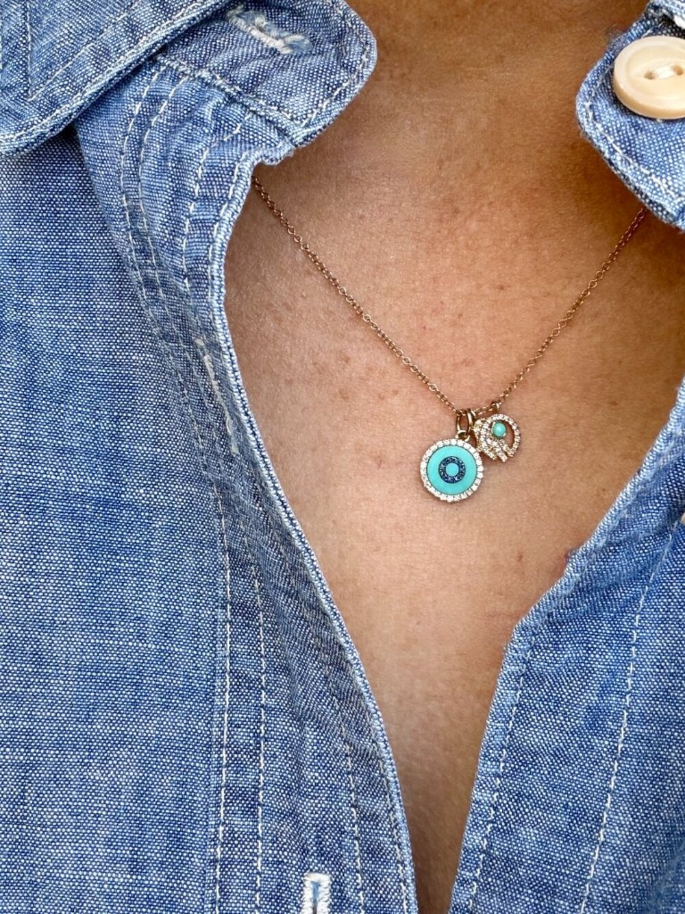 14K Yellow Gold Charms  Necklace -  Turquoise Sapphire Diamond